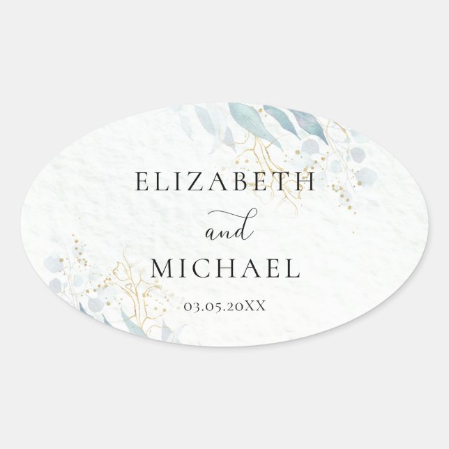 Sticker Ovale Blue Gold ( Imitat) Watercolour Wedding Collection (Devant)