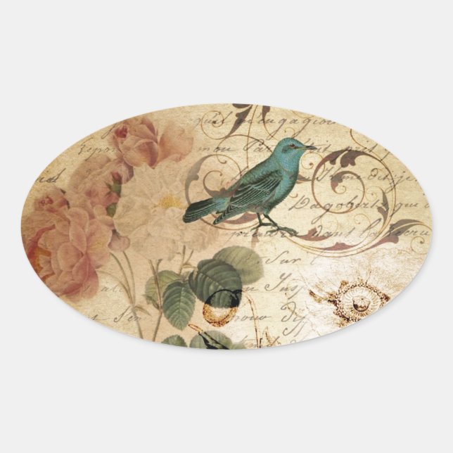 Sticker Ovale Bohème chic Paris Scripts oiseau français botaniqu (Devant)