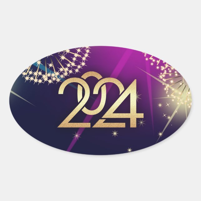 Sticker Ovale Bonne année 2024. Feux (Devant)