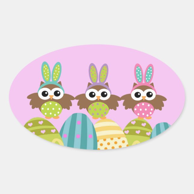 Sticker Ovale Bonne Chouette lapin de Pâques (Devant)