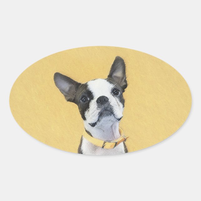 Sticker Ovale Boston Terrier Peinture - Cute Original Chien Art (Devant)