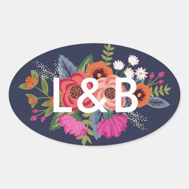 Sticker Ovale Bouquet bohème - Initiales Mariages bleu marine (Devant)