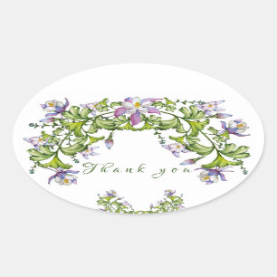 Sticker Ovale Bouquet coloré d'aquarelle de columbine et vert