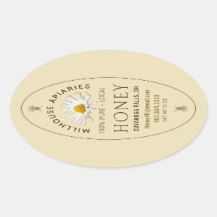Sticker Ovale Bouteille locale de miel Daisy et abeilles Jaune