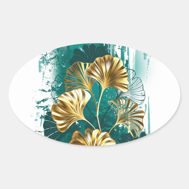 Sticker Ovale Branche avec Feuilles d'or Ginko Biloba (Devant)