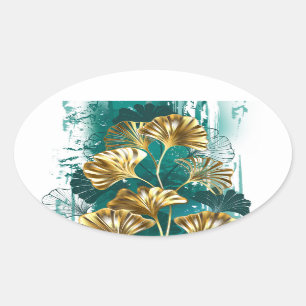 Sticker Ovale Branche avec Feuilles d'or Ginko Biloba