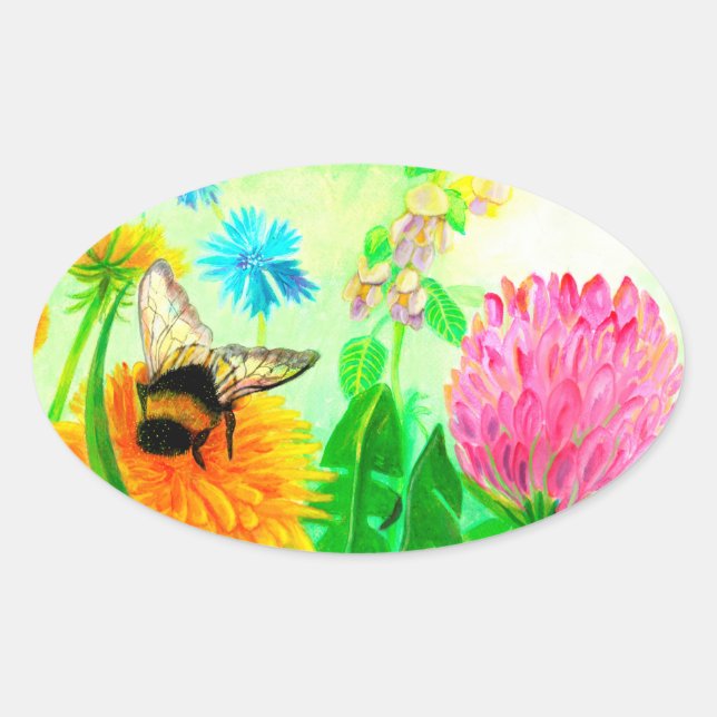Sticker Ovale Bumblebee sur le pandelion (Devant)