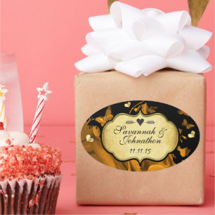 Sticker Ovale Cachet de mariage Cœurs d'Or Roses & Papillons