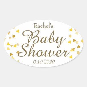 Sticker Ovale Cadeau de Baby Shower Cœurs Dorés
