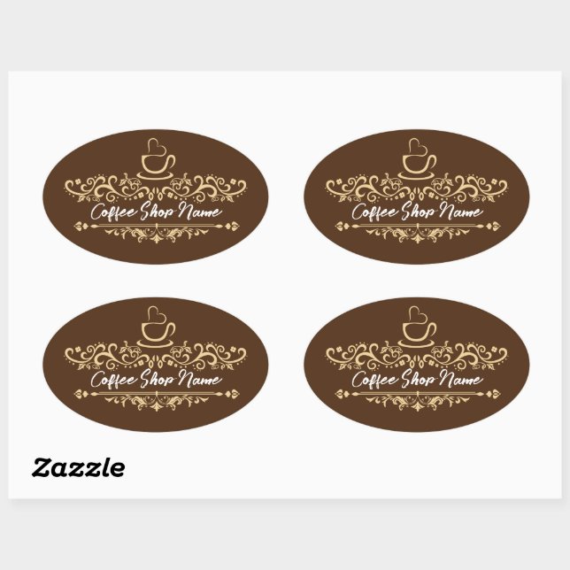 Sticker Ovale Café moderne café accueil Personnaliser le nom (Feuille)
