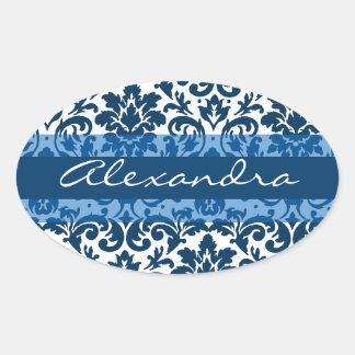 Sticker Ovale Calligraphie damassé bleu art personnalisable