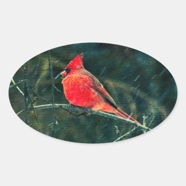 Sticker Ovale Cardinal d'hiver en tempête de neige - Amélioré (Devant)
