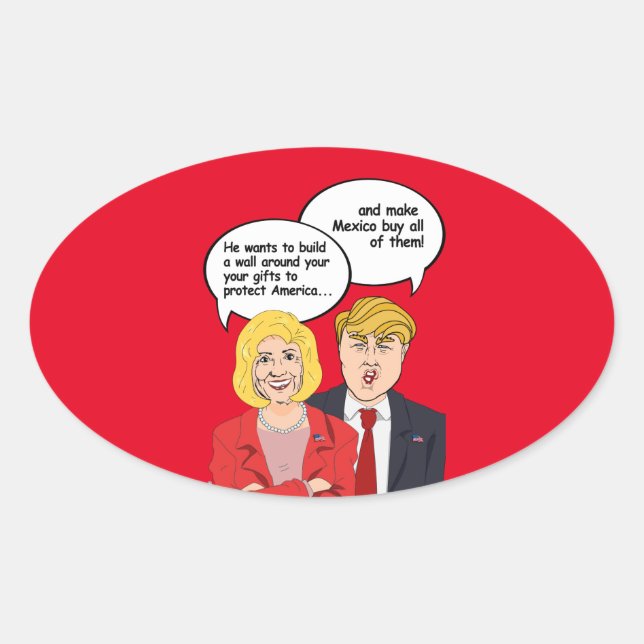 Sticker Ovale Carte d'anniversaire Hillary vs Trump - Un mur aut (Devant)