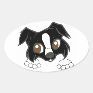 Sticker Ovale Carton Shetland Sheepdog noir et blanc Peeking