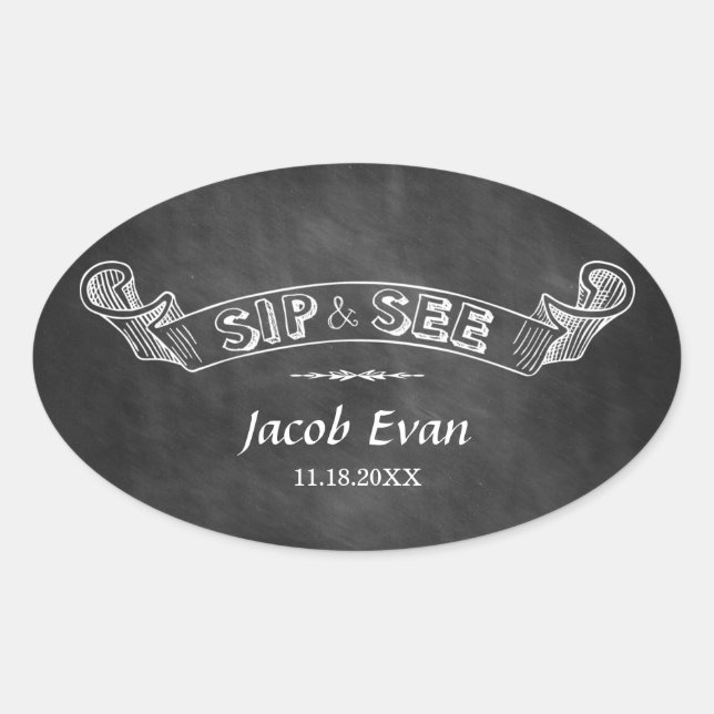 Sticker Ovale Chalkboard Sip and See Party Baby (Devant)