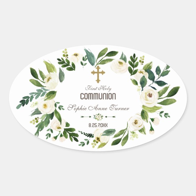 Sticker Ovale Charmante couronne de fleurs blanches et la sainte (Devant)