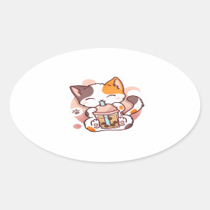Sticker Ovale Chat Boba Tea Bubble Tea Anime Kawaii Neko pour fi