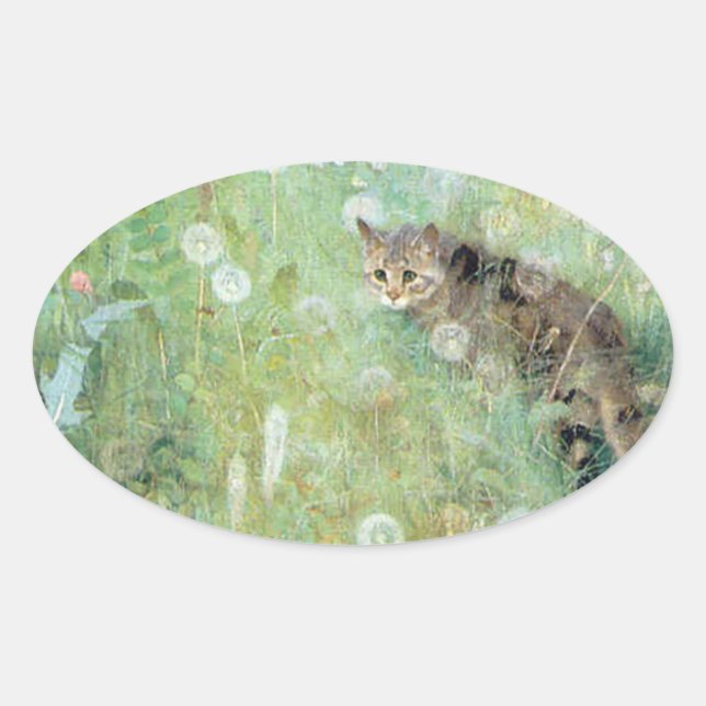 Sticker Ovale Chat dans la prairie estivale, Bruno Liljefors (Devant)