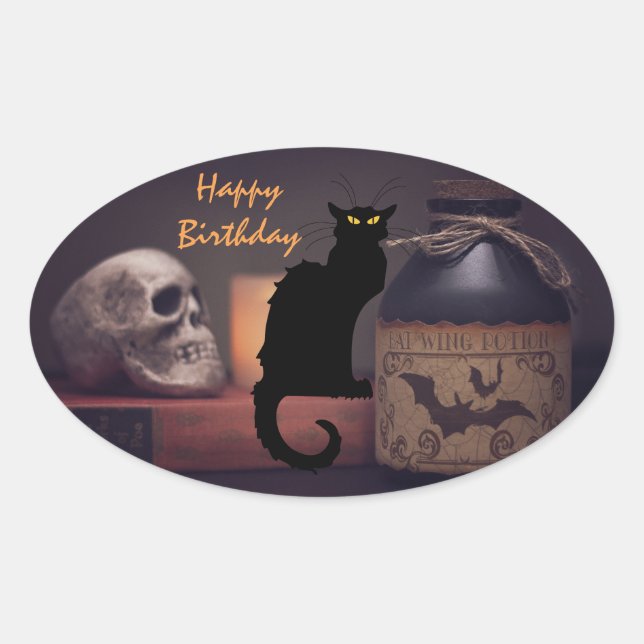 Sticker Ovale Chat noir effrayant et crâne Joyeux anniversaire (Devant)
