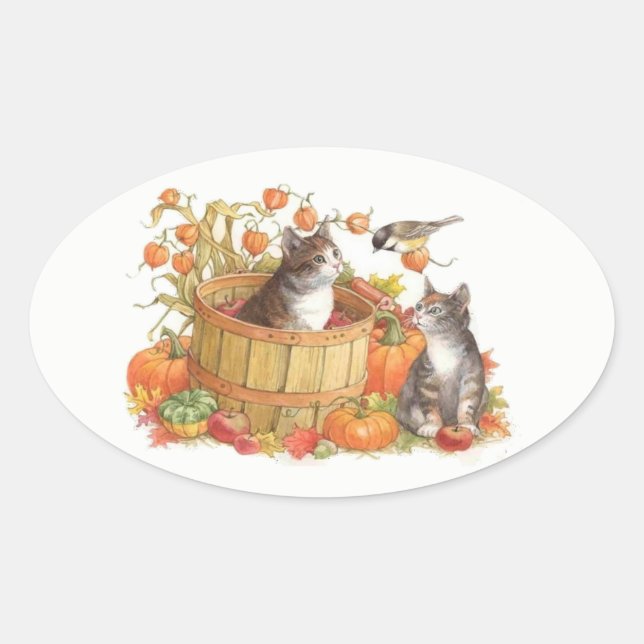 Sticker Ovale Chats d'automne et oiseaux (Devant)