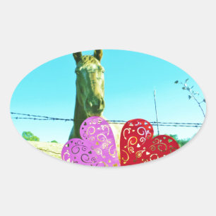 Sticker Ovale Cheval blond et Coeurs rose et rouge
