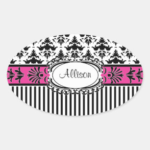 Sticker Ovale Chic Paris Damas et rayures roses et noires