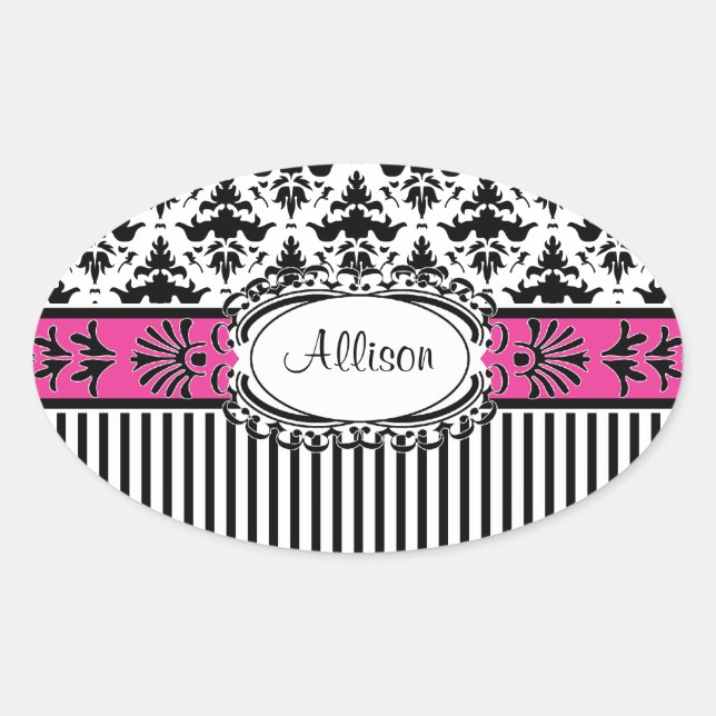 Sticker Ovale Chic Paris Damas et rayures roses et noires (Devant)