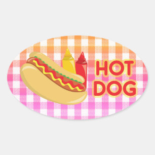 Sticker Ovale Chien chaud sur En vichy nappe à pique-nique avec