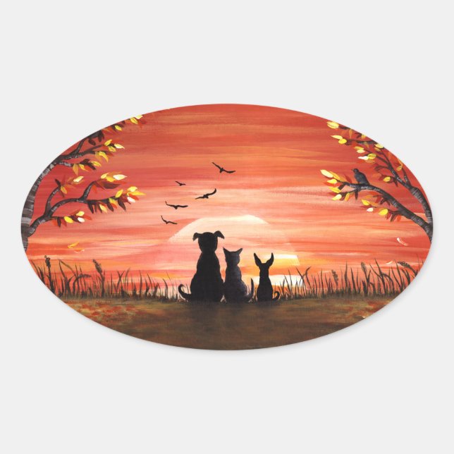 Sticker Ovale Chiens couchés de soleil et animaux de compagnie (Devant)