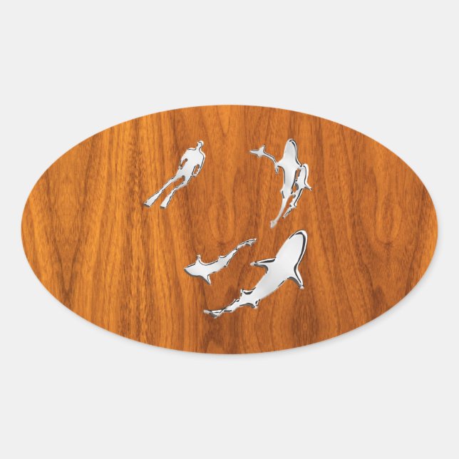 Sticker Ovale Chrome style Diver with Sharks on Teak Veneer (Devant)