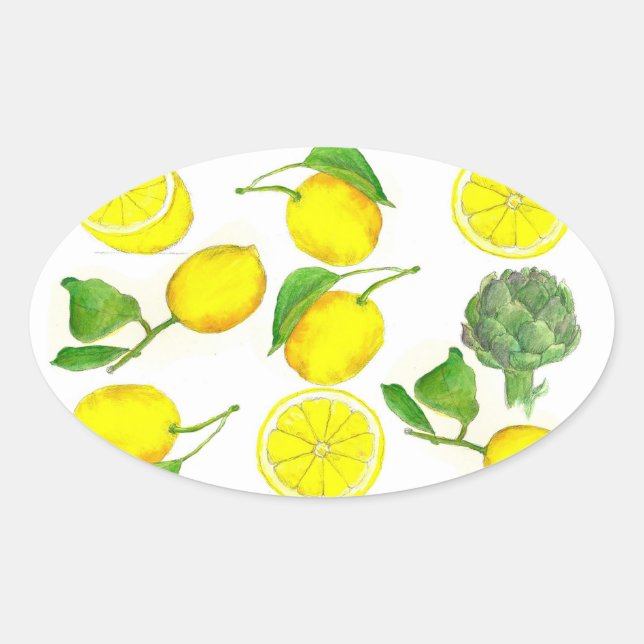 Sticker Ovale Citrus citron Fruit Aquarelle Peinture Art (Devant)
