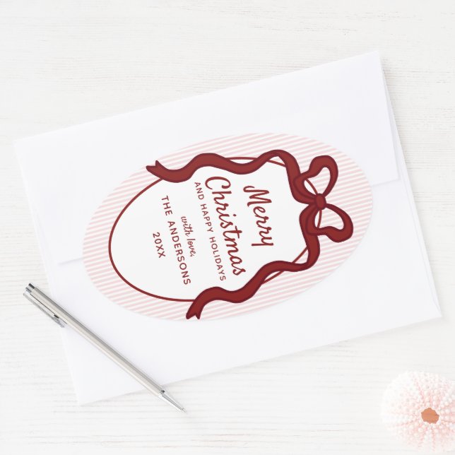 Sticker Ovale Classic Red Pink Stripes & Bow Frame Christmas  (Enveloppe)