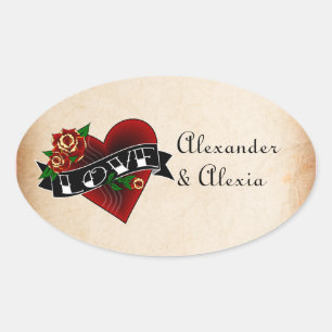 Sticker Ovale Coeur de tatouage et Rose sur mesure