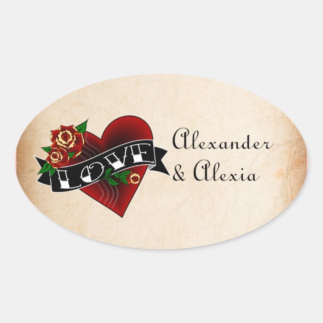 Sticker Ovale Coeur de tatouage et Rose sur mesure (Devant)