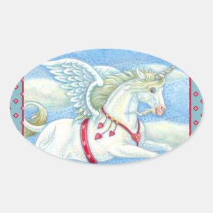 STICKER OVALE COEURS DE VOL UNICORN BLANC, IMAGINAIRE PEGASUS