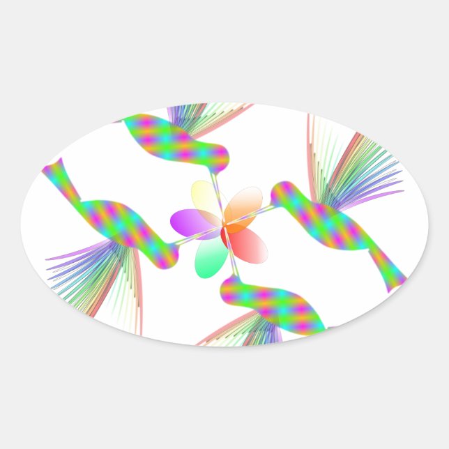 Sticker Ovale Colibris Arc-En-Ciel Embrasser Une Fleur (Devant)