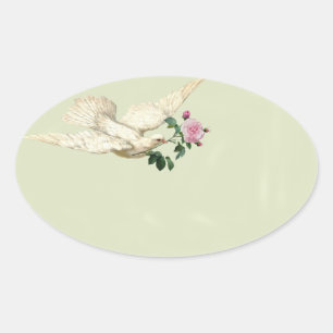 Sticker Ovale colombe française avec rose rose sur vert chuchoté