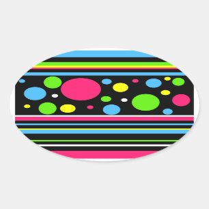 Sticker Ovale Colorful Neon Stripes Polka Dots Pink Teal Lime