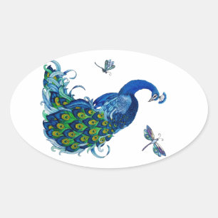Sticker Ovale Conception classique de paon et libellule