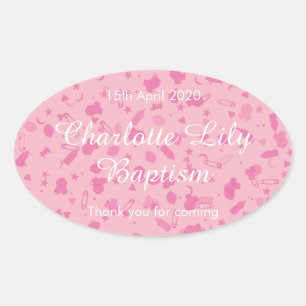 Sticker Ovale Confettis Rose Bébé Baptême Favori