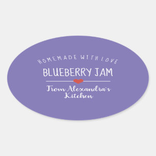 Sticker Ovale confiture de bleuet violet fait maison avec amour 
