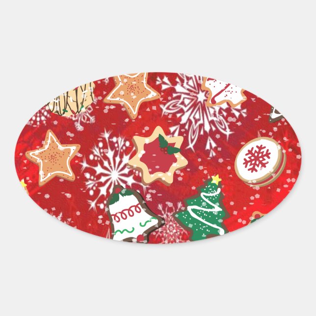 Sticker Ovale Cookies de Noël et flocons de neige en rouge (Devant)