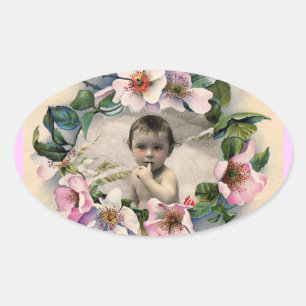 STICKER OVALE COURONNE FLORALE, ROSE MODÈLE PHOTO BABY SHOWER SA