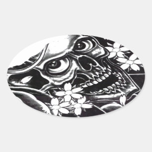 Sticker Ovale Crâne de tatouage japonais