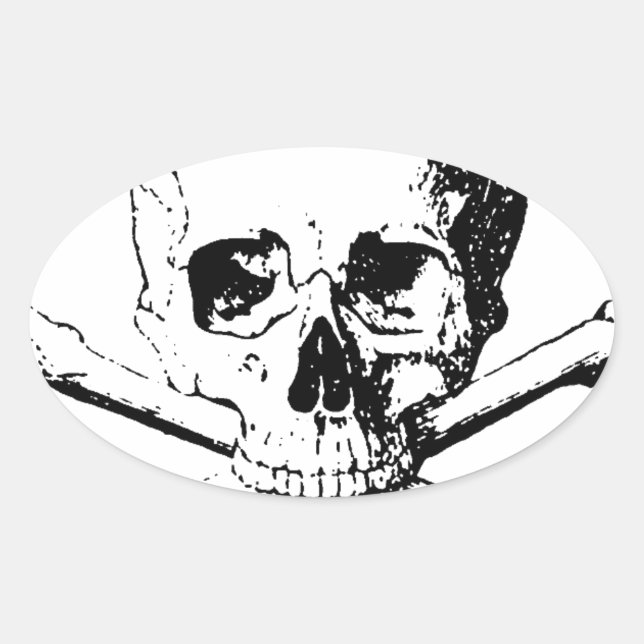 Sticker Ovale Crâne noir et blanc et os (Devant)