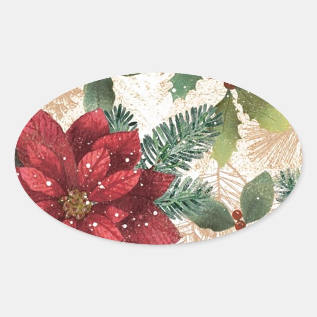 Sticker Ovale Crème verte rouge Retro les années 50 Poinsettia (Devant)