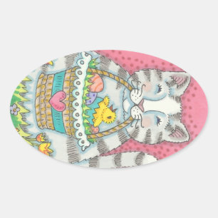STICKER OVALE CUISINE & PÂQUES BASKET D'OEUFS, BALISES DE CHAT