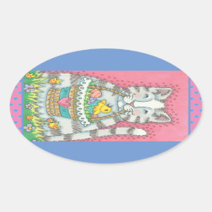 STICKER OVALE CUISINE & PÂQUES BASKET D'OEUFS, BALISES DE CHAT