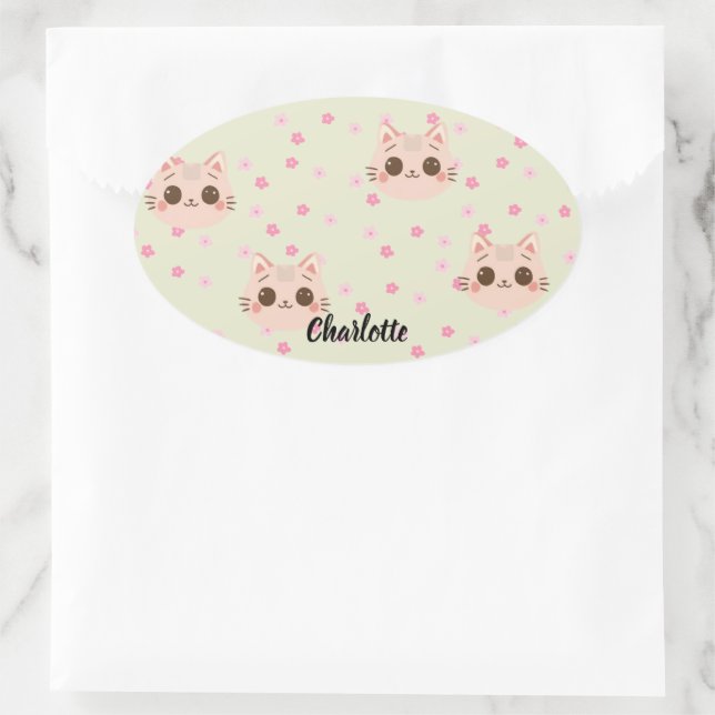 Sticker Ovale Cute Chat simple chaton Motif (Sac)