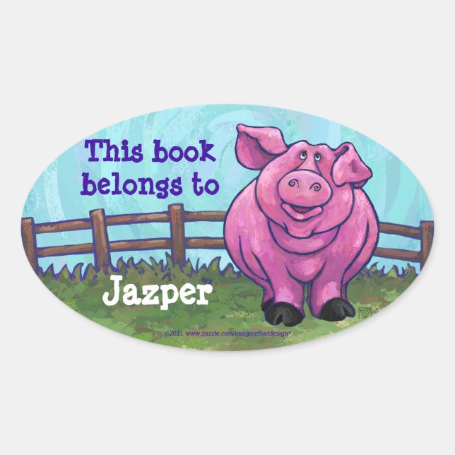 Sticker Ovale Cute Cochon Plaque de livre personnalisée (Devant)